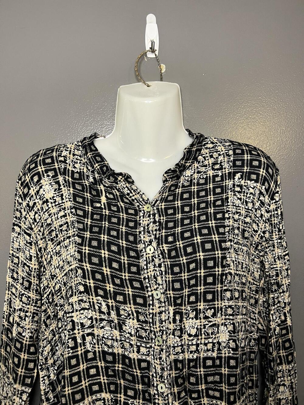 Free People Blouse Womens Medium Black Check Henley Button Boho Tunic Top